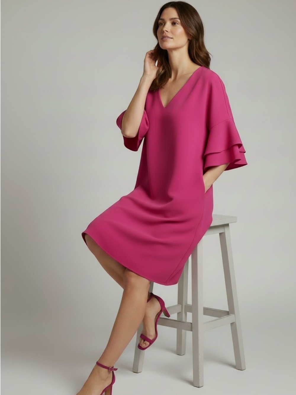 Worthington Fuchsia V-Neck Midi Dress with Tiered Flutter Sleeves